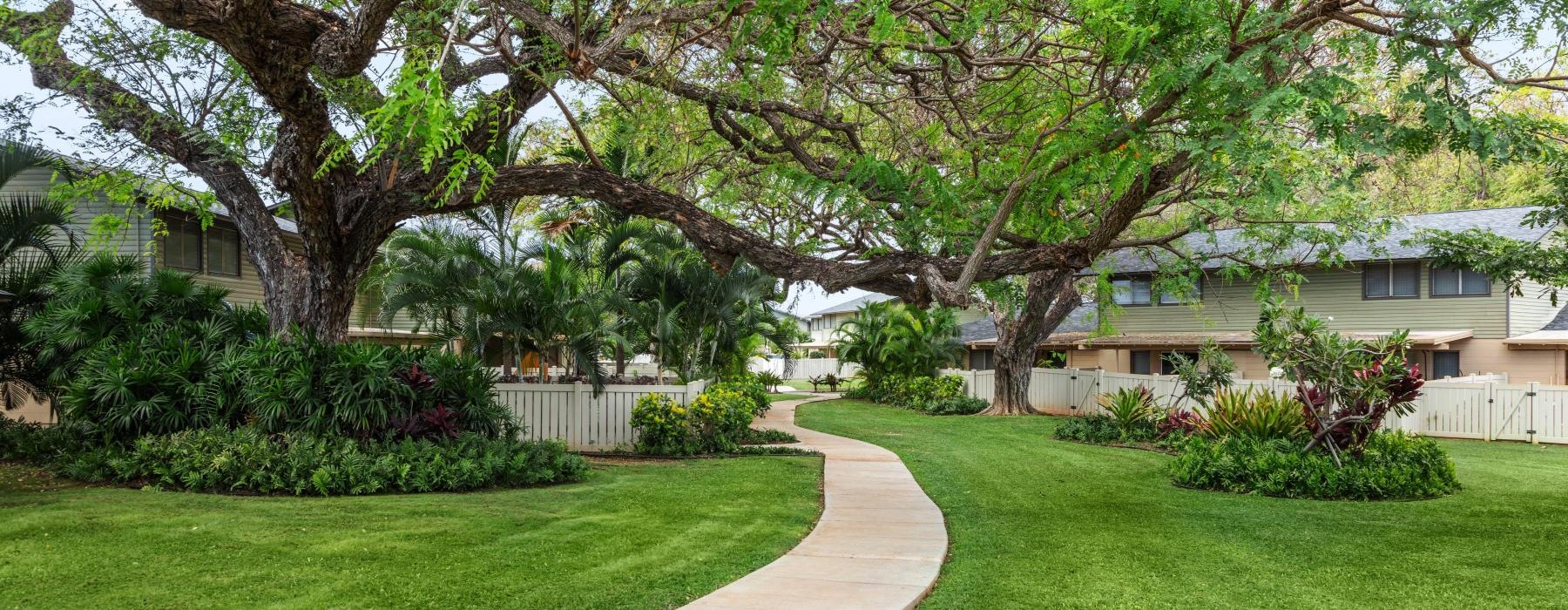 walking path along well manicured lawns and landscaping